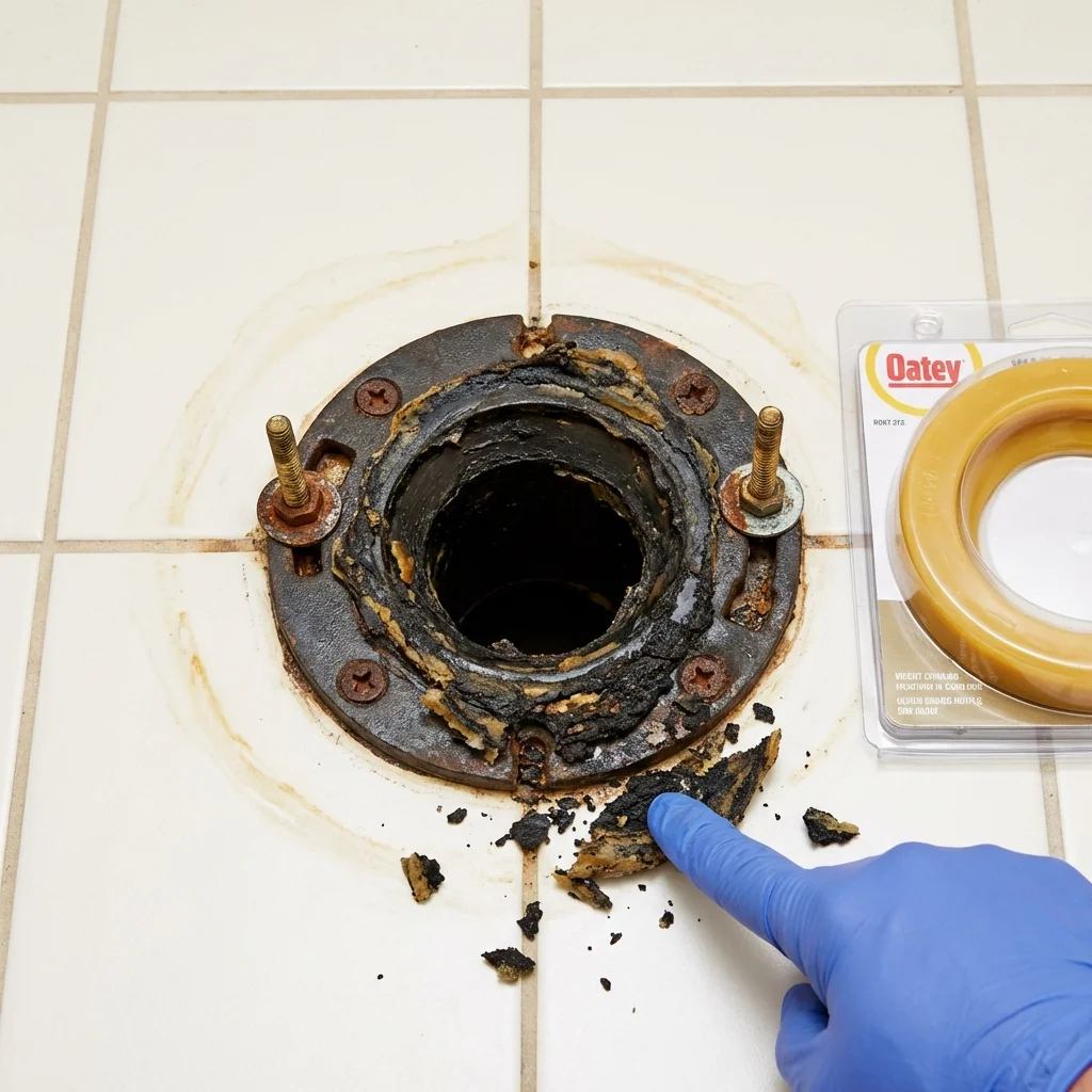 Failed wax ring showing water seepage at the base of a toilet in a Union City, IN home