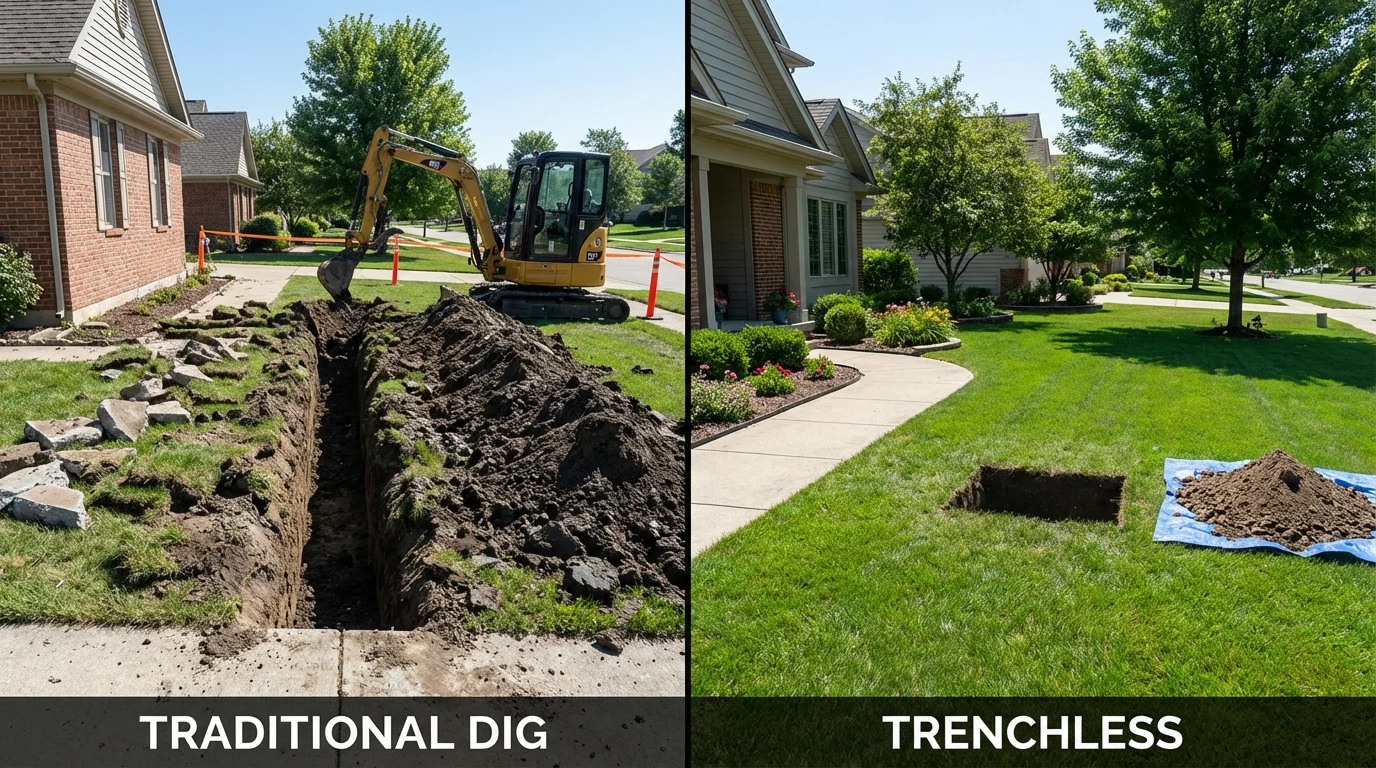 Trenchless sewer repair with minimal yard damage versus traditional excavation in Union City, IN