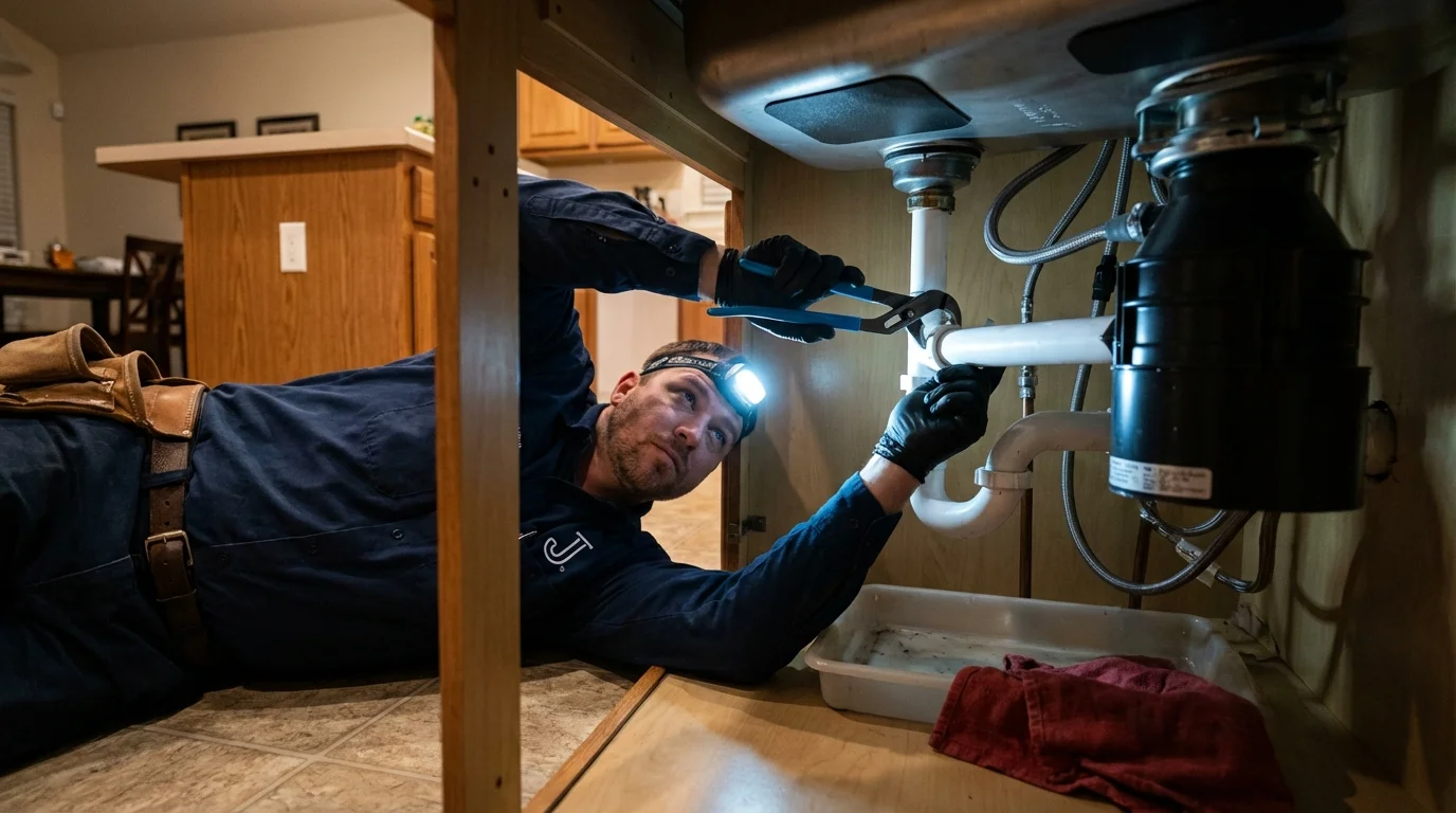 P-trap and supply line connections under a kitchen sink showing a common leak point in Union City, IN
